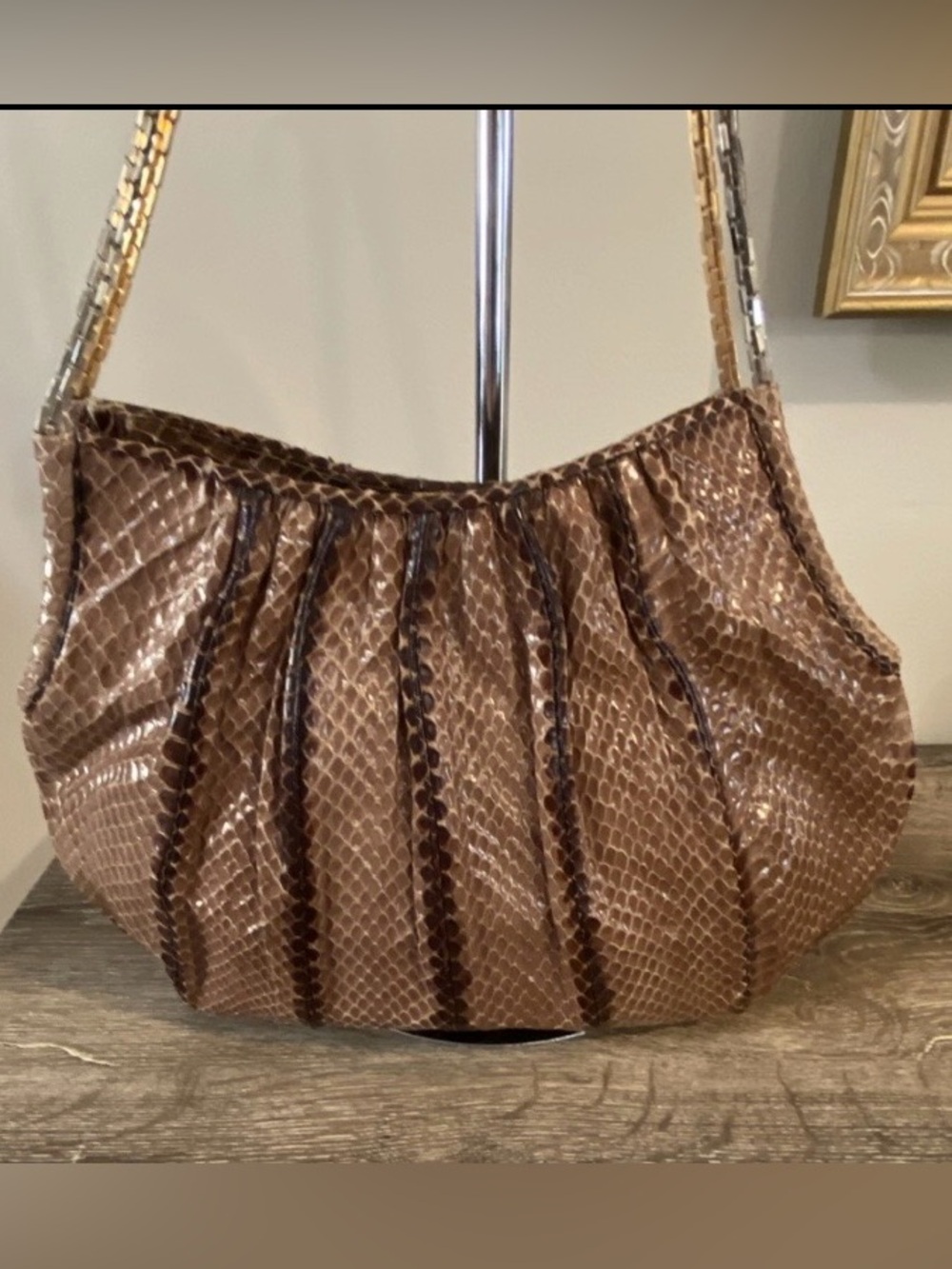 Judith Leiber Vintage Brown Snakeskin Leather Shoulder Bag Gold & Silver Straps